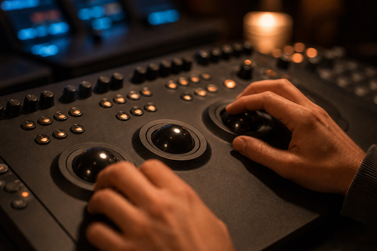 Mains sur le panneau d'étalonnage à trois trackballs du studio