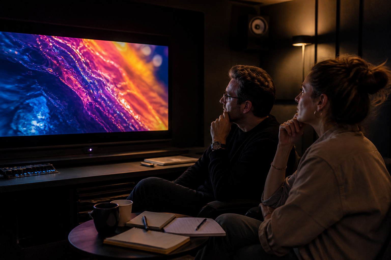 Séance de revue : client et monteur devant l'écran calibré du studio