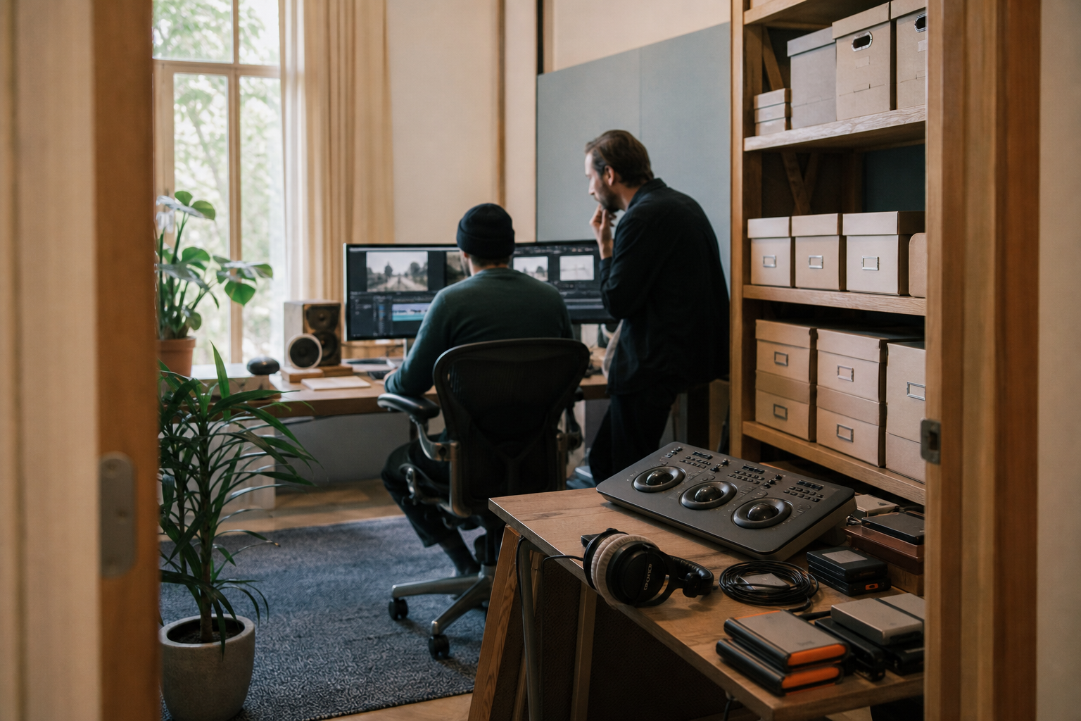 L'atelier de la Salle de Coupe : pupitre de finition, disques d'archivage et espace de revue